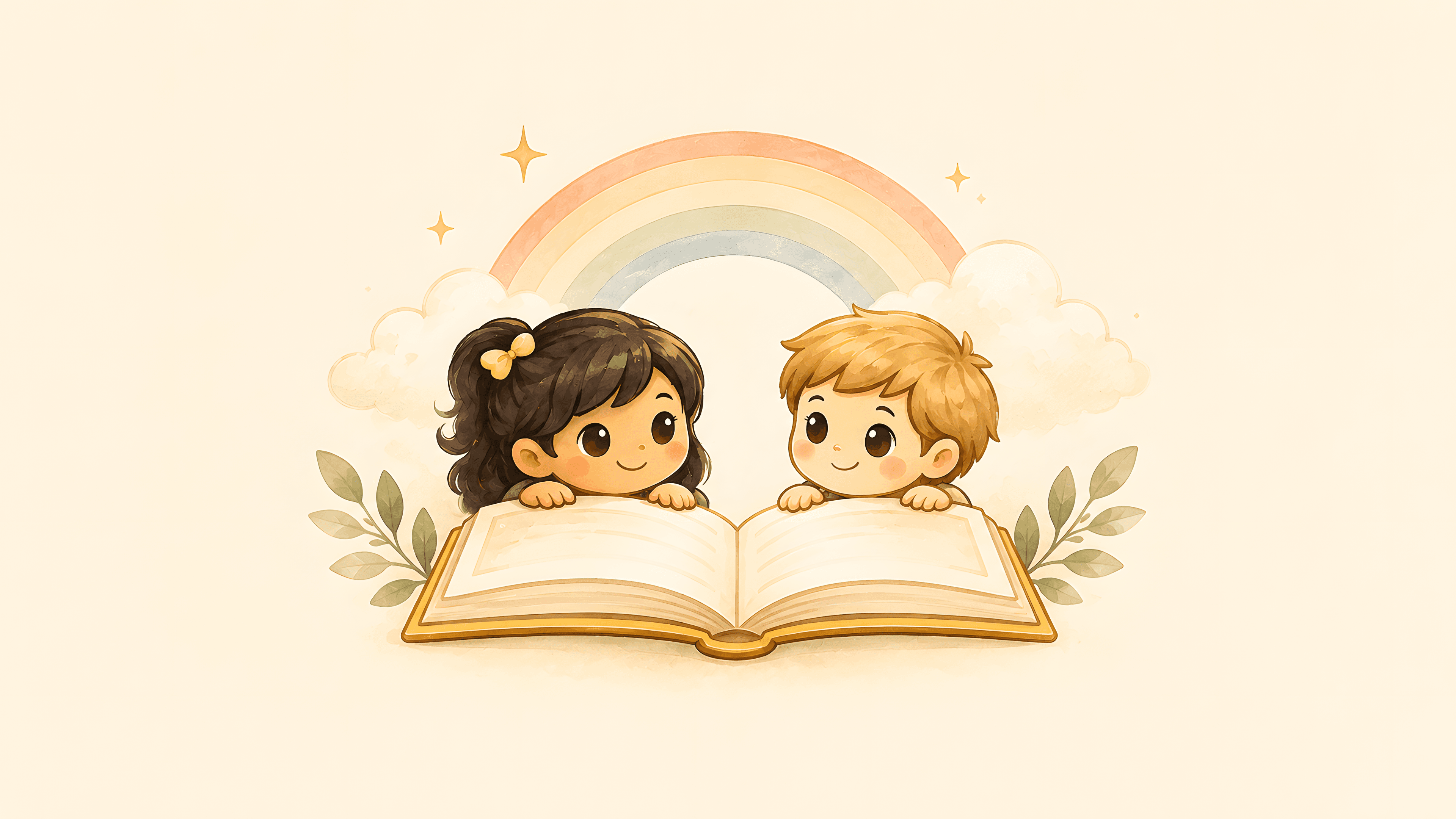 Children reading together beneath a rainbow